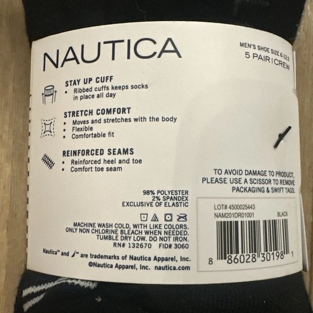 Nautica 5-Pair Men's  Casual/Dress Crew‎ Socks  Black 6-12.5 Stretch NEW